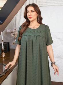 Lacomfia Casual Minimalist Pom-Pom Jacquard Round Neck Loose Fit Regular Midi Dress, Plus Size, Spring/Autumn - Green - View 4