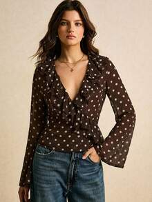 Poéselle 女士性感时尚衬衫，荷叶边下摆，深V领，波点印花，喇叭袖 - 棕色 - 查看 2