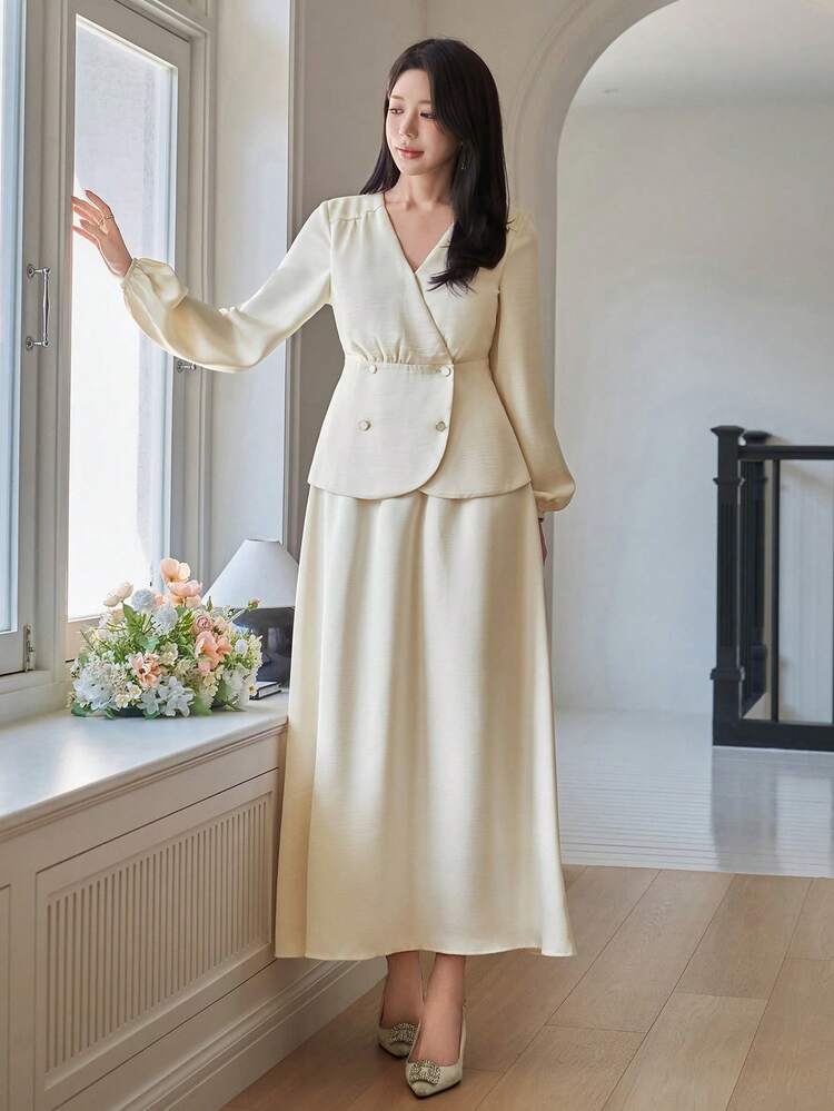 Satin Waist Top And Casual Skirt 2 Pieces Set For Women