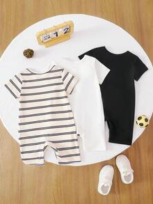 SHEIN 3件套男婴可爱针织弹力条纹短袖连体衣，基础套装，春夏款 - 彩色 - 查看 2