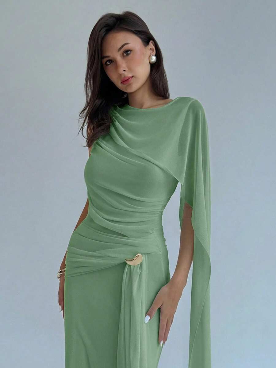 Aloruh Women's Solid Color Pleated Asymmetric Collar Elegant Dress - Green - View 1