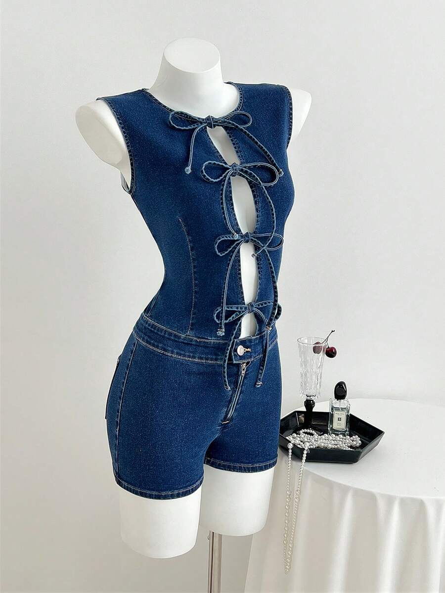 Elamini 女士纯色打结圆领镂空修身无袖牛仔连体衣 - 藍色 - 查看 1
