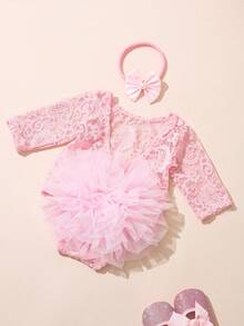 SHEIN 粉色新生儿摄影蕾丝连体衣，配蝴蝶结珍珠发带，女宝宝拍照道具，婴儿影棚拍摄服装 - 粉色 - 查看 2