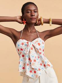 Travachic Women's Beach Vacation Knotted Front Seashell & Starfish Print Halter Top - Apricot - View 3