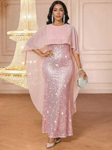 SHEIN Lady 女士纯色简约日常斗篷袖连衣裙，圣诞节、新年、情人节皆宜，优雅女装 - 粉色 - 查看 7