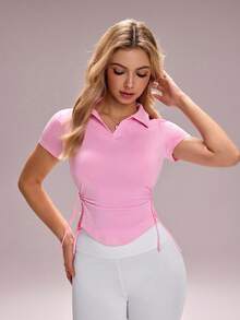Sovereign Charm Women's Sporty Polo Shirt, Tight-Fitting Stretchy Pink Polo Shirt, Versatile Slim Fit Long Sleeve Collared Top - Pink - View 3