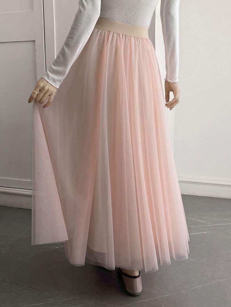 Women's Solid Color Mesh A-Line Skirt, Elegant For Spring/Summer