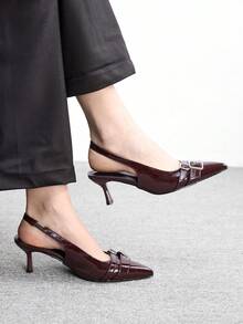 CUCCOO BIZCHIC CUCCOO 女士时尚高跟尖头咖啡棕色漆皮金属扣通勤鞋 - 咖啡棕 - 查看 5