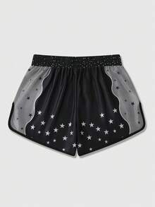 ROMWE MEN Men's Elastic Waist Casual Shorts With Star Print - Black - View 2