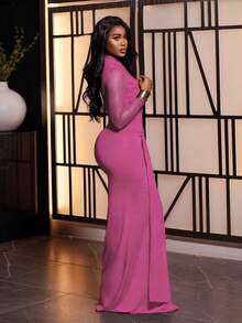 BamGleam 女士优雅派对/约会纯色高领薄纱金属花卉装饰修身连衣裙，春夏秋季 - 玫紅色 - 查看 6