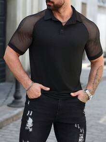 Manfinity AFTRDRK 男士夏季镂空拼接插肩短袖黑色Polo衫 男士短袖衬衫 渔网衬衫 男士透视上衣 男士网眼衬衫 男士黑色性感Polo衫 - 黑色 - 查看 6