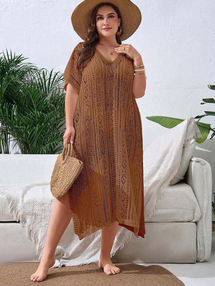 Swim Lushoire Plus Size Women's Summer Beach Vacation Solid Color Open Knit Split Hem Cover-Up Dress - Brown - View 1