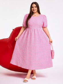 SHEIN CURVE+ 加大码格纹长款休闲连衣裙，适合春季和情人节穿着，甜美可爱 - 粉色 - 查看 7
