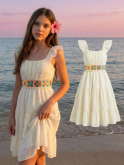 Tween Girls' Dress, Casual Summer Dress With Crochet Patchwork Design, Lined, Elegant Collar, Flutter Sleeves, Ruffle Waist, Solid Apricot Color, 70s Retro Style, Suitable For Summer Vacation