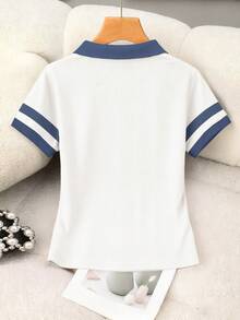 Rovax 女士卡通狗印花翻领短袖休闲上衣 - 白色 - 查看 2