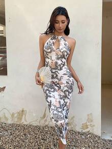 EastFlair All-Over Print Halter Backless Fitted Sexy Sleeveless Dress - White - View 2