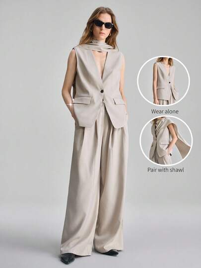 Ontre 2026新款卡其色披肩领西装外套及女士长裤两件套，适合现代都市派对、返校季、都市简约休闲日常穿着、波西米亚风、度假、节日及春季穿着。