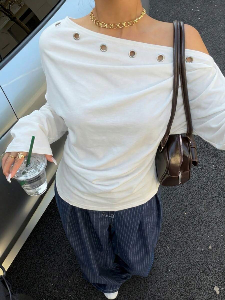 Muchica 女士新款不对称肩部镂空设计腰部卫衣，春夏款 - 白色 - 查看 1