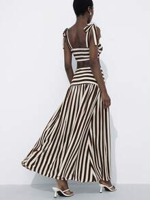 Aveloria Modichic 新款时尚度假沙滩风女士性感经典撞色条纹抹胸蝴蝶结吊带露脐上衣搭配高腰半裙，两件套 - 棕色 - 查看 3