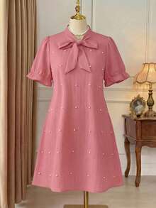 DreamSkyne 大码女式珍珠蝴蝶结装饰连衣裙 - 粉色 - 查看 2