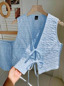 Comfortcana Conjunto informal de top de tirantes con cuello en V trenzado y pantalones cortos en color azul claro para mujer - Celeste - Ver 6