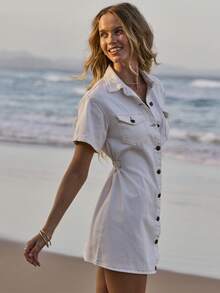 Aralina 女士夏季牛仔纽扣短袖迷你连衣裙，可爱度假穿搭，Y2K斯德哥尔摩风格 - 米色 - 查看 4