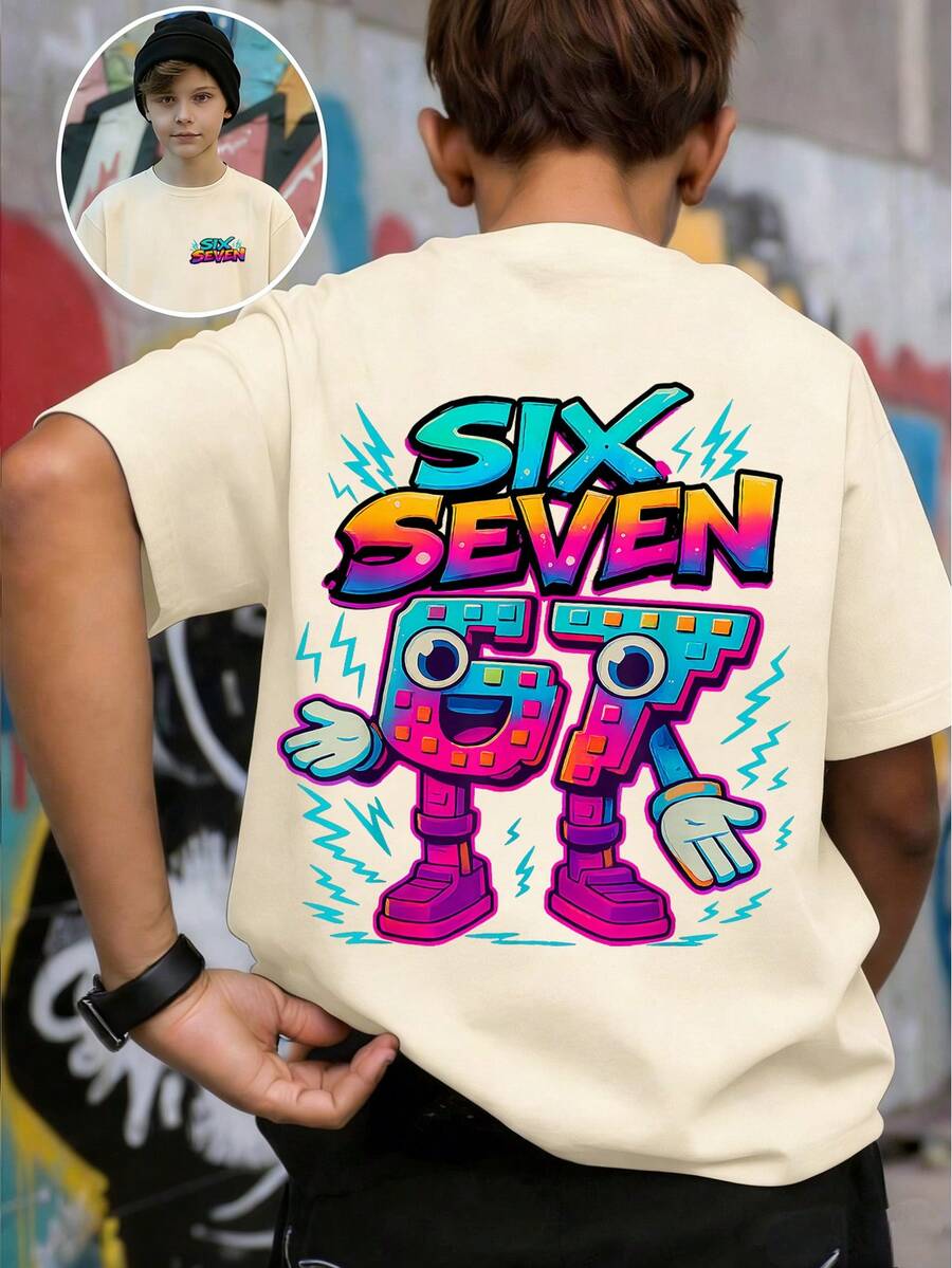 SHEIN Streecool Kids 男童休闲时尚创意个性清新高端简约数字67卡通积木闪电标语印花宽松基础款短袖T恤,舒适日常穿着,适合春、夏、秋季穿着。 - 米色 - 查看 1