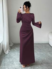 Rafferiza Elegant Women's Red Violet Satin Mermaid Long Party Dress With Round Neck And Long Split Sleeves - Red Violet - View 5