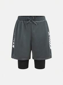 SHEIN 男童宽松休闲运动字母印花短裤，适合春夏穿着，日常穿着、户外玩耍、运动、上学、街头风、派对和休闲场合皆宜。 - 灰色 - 查看 3