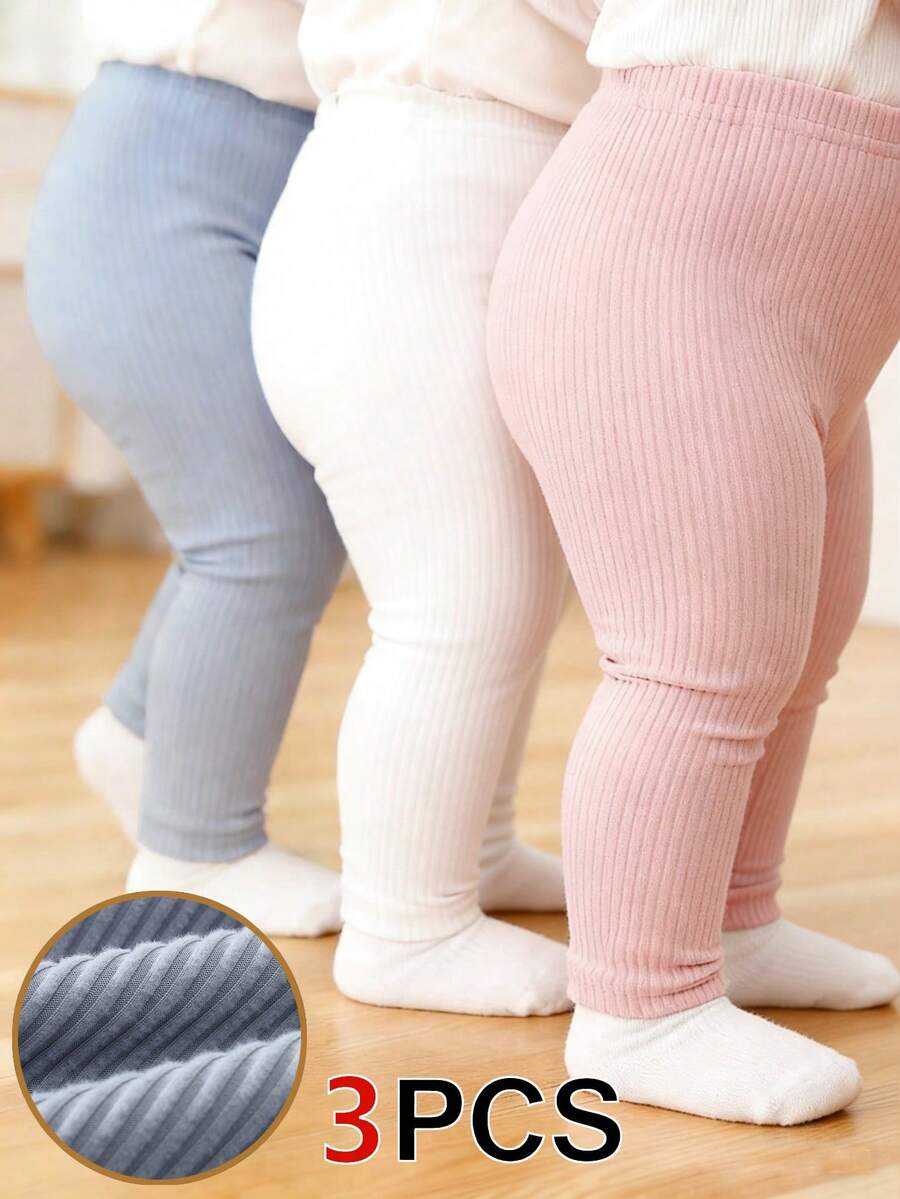SHEIN Playful Pals 3件組女嬰百搭休閒白色與藍色彈性打底褲 素色針織燈芯絨長褲 秋季度假緊身褲 幼童下身褲 - 彩色 - 查看 1