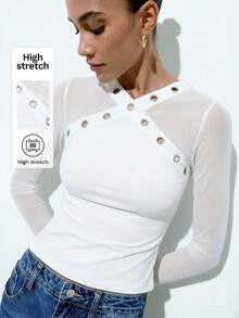 Maija Black V-Neck Eyelet Design Metal Decor Mesh Patchwork Fitted Waist Long Sleeve Top, Versatile For Urban Chic, Autumn/Winter - White - View 1