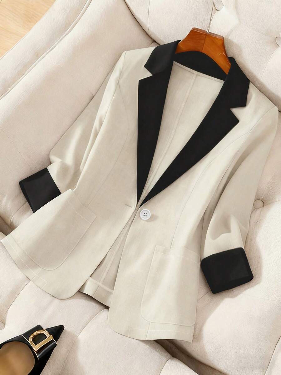 Franclia 女士撞色翻领休闲/职业装七分袖轻薄西装外套,夏季 - 杏色 - 查看 1