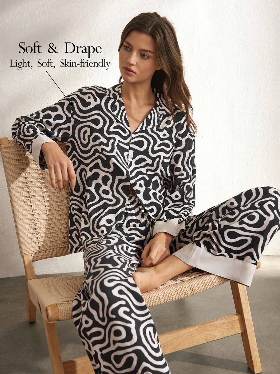 Ocili Comfortable Geometric Mountain Texture Pattern Loose Long Sleeve & Pants Women Pajama Set, Natural & - Multicolor - View 1