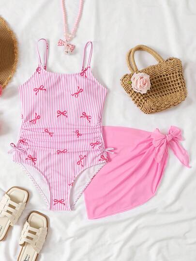 SHEIN Tween Girls' Casual Vacation Beach Butterfly & Striped Print Ruffled Camisole Romper With Mesh Skirt Set, Pink Pink Bow Bathing Suit Girls Beach Set Girls Summer Vacation Sets Swimsuits Pink