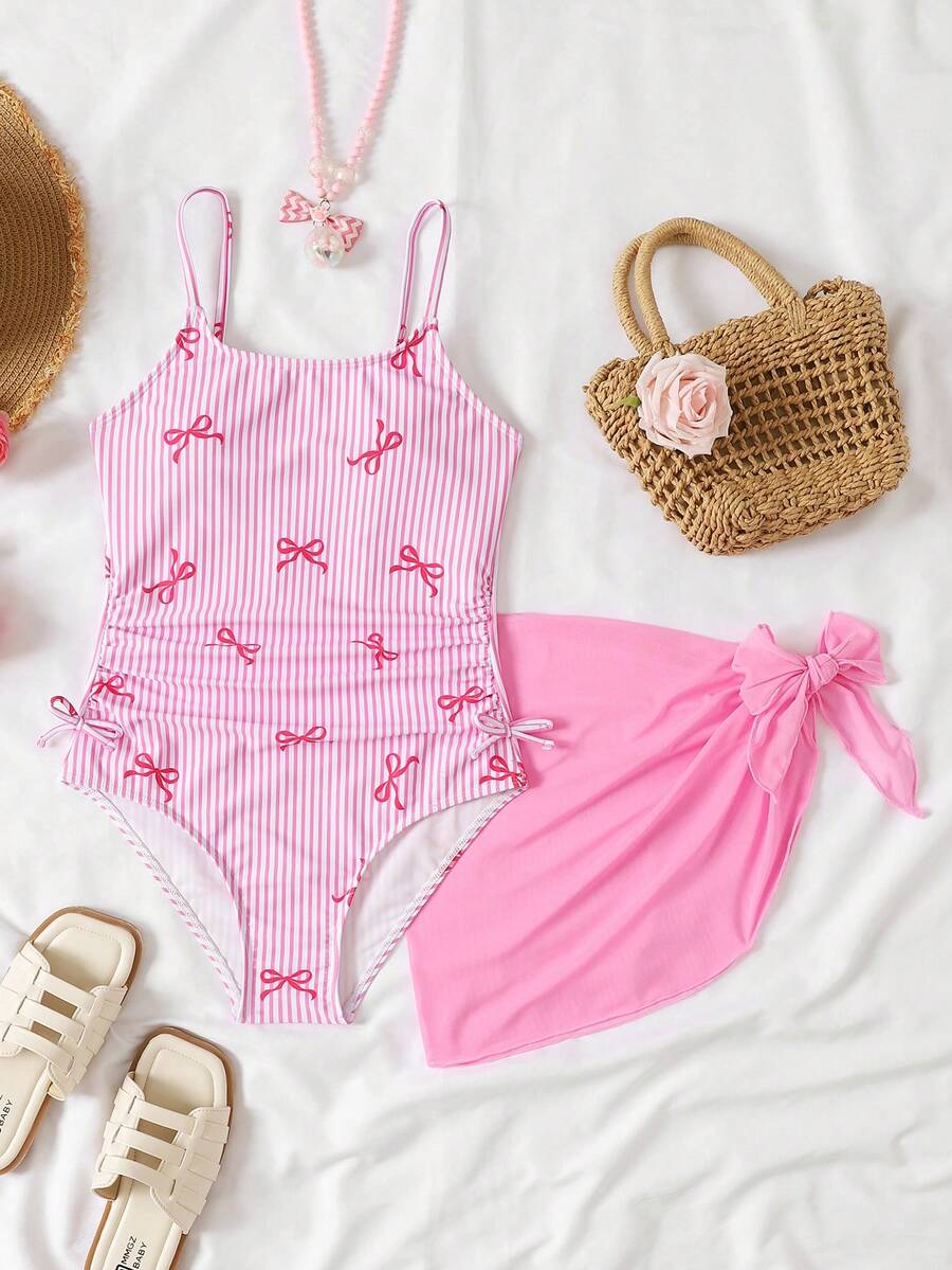 SHEIN Tween Girls' Casual Vacation Beach Butterfly & Striped Print Ruffled Camisole Romper With Mesh Skirt Set, Pink Pink Bow Bathing Suit Girls Beach Set Girls Summer Vacation Sets Swimsuits Pink - Pink - View 1