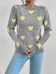 SHEIN LUNE 爱心提花圆领休闲长袖女式毛衣，适合情人节、秋冬季穿着。 - 灰色 - 查看 4
