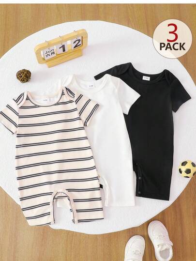 SHEIN 3件套男婴可爱针织弹力条纹短袖连体衣，基础套装，春夏款