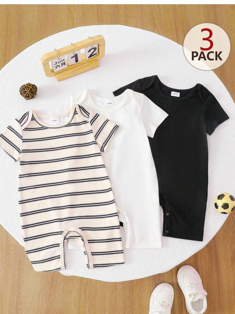 SHEIN 3件套男婴可爱针织弹力条纹短袖连体衣，基础套装，春夏款 - 彩色 - 查看 1