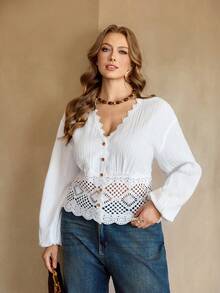 Flirla Áo kiểu nữ cỡ lớn cổ chữ V tay dài phối ren, chất liệu xuyên thấu, cài nút, thanh lịch, kiểu vintage, thích hợp cho kỳ nghỉ hoặc đi làm. - trắng - Xem 6