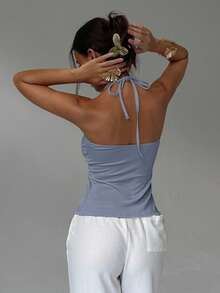 Aloruh Áo hai dây mảnh, vạt bất đối xứng, trang trí kim loại thanh lịch dành cho nữ, thích hợp cho mùa hè. - Màu xanh bụi bặm - Xem 2