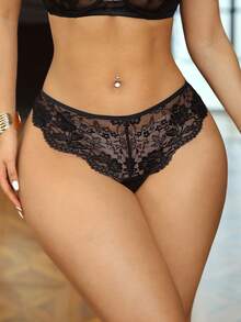 Heart-Shaped Buckle Lace French Elegant Sexy Thong - Black - View 4