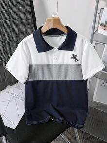 SHEIN Vacaura 1 pieza Camisa polo suave y cómoda de moda para niños, adecuada para salidas, fotos, escuela, diversas ocasiones, artículo esencial de verano para adolescentes varones - Azul Marino - Ver 8
