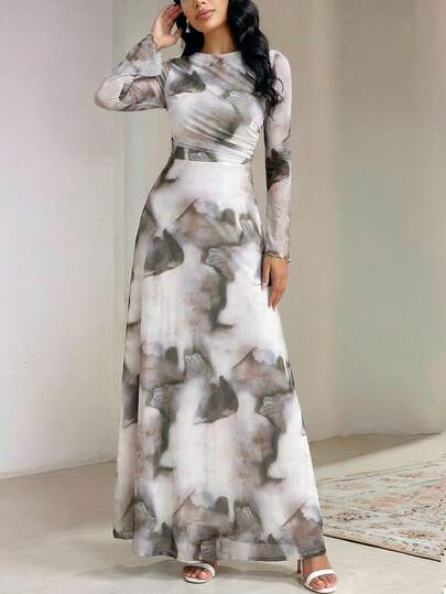 Opulessa Women's Tie-Dye Print Round Neck Flare Sleeve Ruched Elegant Dress, Long Sleeve Maxi Dress, Chic Winter Outfits, Chic Elegant Dress For Party, Luxury Wedding Guest Party Dress, Spring Break Outfits, Summer Outfits, Valentine's Day, Beach Dress, Elegant Wedding Guest Dress, Birthday Dress, Casual Dresses, Vacation Outfits, Going Out Top, Spring To Summer, Valentine's Day, Carnival Costume, Elegant Dresses For Party, Beach Outfit, Wedding Guest Dresses, Summer Vacation Outfits, Casual Dress