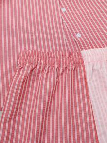 Chiquease 女士条纹拼接纽扣长袖衬衫和短裤两件套 - 彩色 - 查看 3