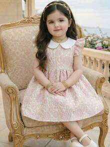 Đầm ngắn tay cổ Peter Pan phối màu, họa tiết hoa jacquard thanh lịch và dễ thương cho bé gái. - Nhiều màu - Xem 1