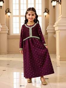 2 piezas Vestido burdeos para niñas, hecho de tela delicada con detalles dorados, diseño de cuello redondo con bordado dorado exquisito en los puños, vestido largo con parte superior a juego, adecuado para festivales, eventos con temática, ligero para primavera/verano/otoño - Burdeos - Ver 1