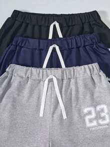 3件套幼儿男童休闲运动学院风“纽约”、“23”、“国王”图案短裤，黑色、灰色、藏青色 - 彩色 - 查看 3