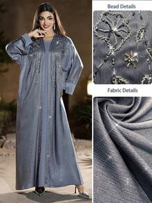 Layrah Elegant Silver-Gray Glossy Textured Fabric Handmade Rhinestone Embellished Abaya - Grey - View 3