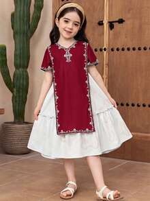 Young Girl Elegant V-Neck Floral Print Dress,Kids - Burgundy - View 3