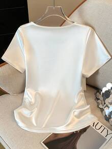 Franclia 女士纯色不对称领短袖衬衫 - 白色 - 查看 3